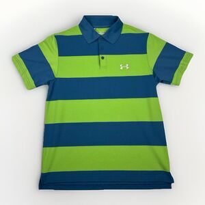 Under Armour HeatGear Polo Mens Medium Blue Green Striped Short Sleeve Shirt